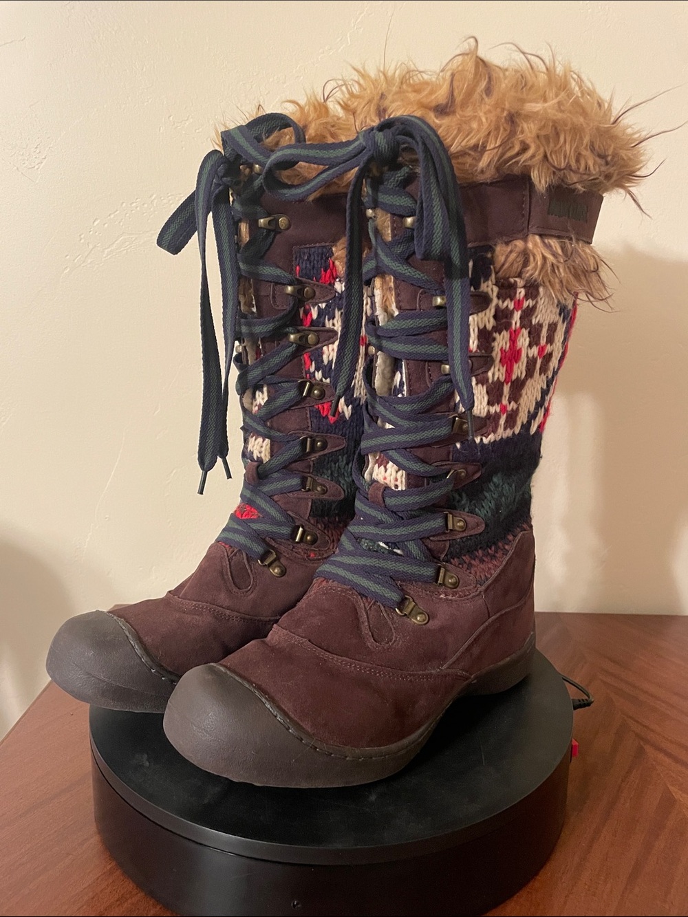 Muk Luks 9 Brown Nordic Knit-Panel Faux Fur Lace-Up Winter Boots